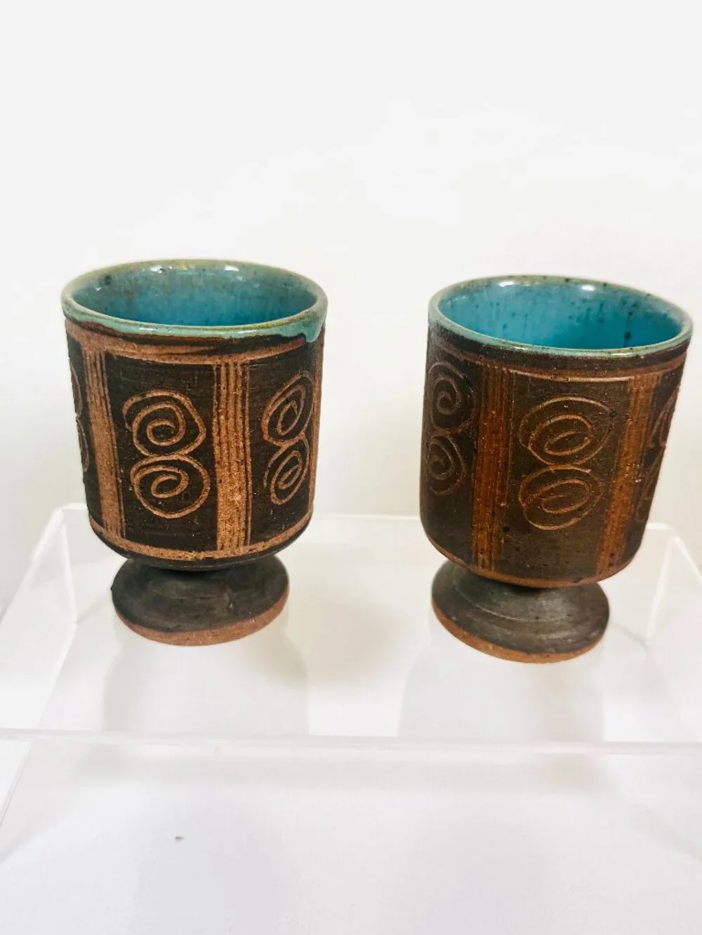 Vtg Set 2 Studio Pottery Stoneware Pedestal 3.25